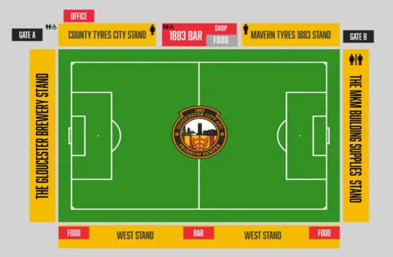 Bản đồ sơ đồ chỗ ngồi sân vận động Meadow Park Gloucester chi tiết các khu vực khán đài và lối vào, hỗ trợ khách thăm quan