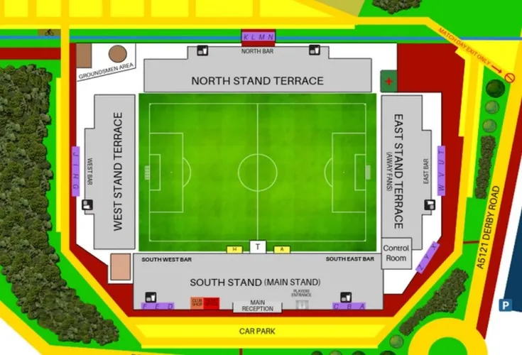 Sơ đồ bố trí các khán đài và khu vực bên trong sân vận động Pirelli Stadium, hướng dẫn vị trí chỗ ngồi cho khán giả.