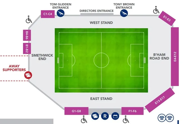 Sơ đồ bố trí các khán đài và khu vực chỗ ngồi tại sân The Hawthorns của West Brom.