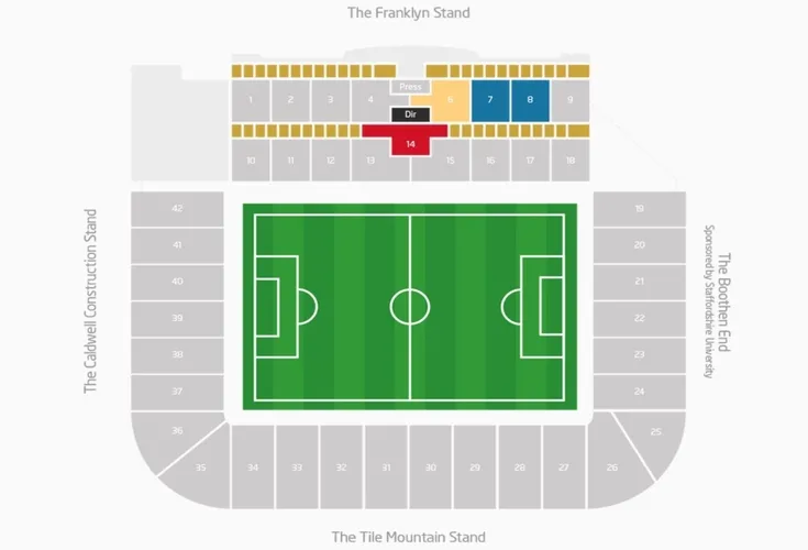 Sơ đồ bố trí chỗ ngồi chi tiết của sân Bet365 Stadium, giúp khán giả định vị vị trí.