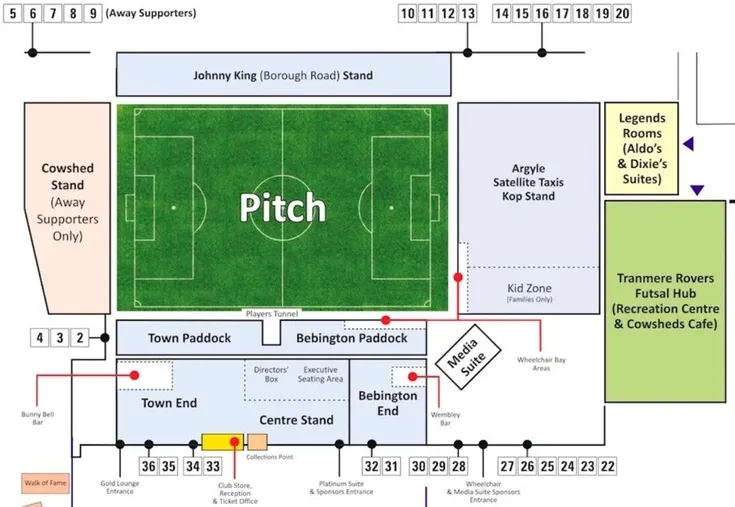 Sơ đồ bố trí chỗ ngồi sân Prenton Park, hướng dẫn chi tiết các khu vực khán đài