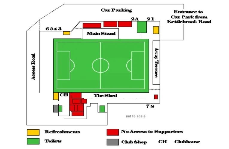 Sơ đồ bố trí chỗ ngồi sân The Lamb Ground Tamworth, hướng dẫn các khu vực khán đài