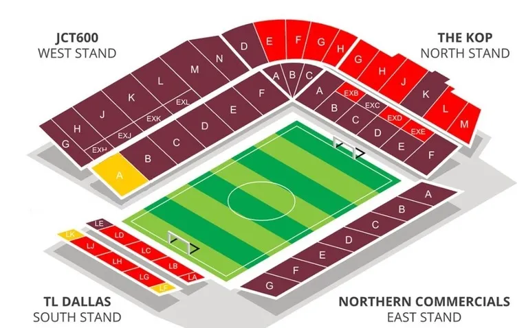 Sơ đồ bố trí chỗ ngồi sân Valley Parade, hướng dẫn các khán đài Bradford City