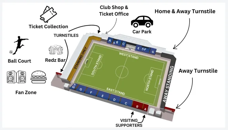 Sơ đồ bố trí chỗ ngồi tại Broadfield Stadium, giúp khán giả dễ dàng hình dung các khu vực khán đài khác nhau.