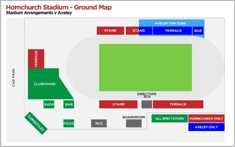 Sơ đồ bố trí tổng quan Hornchurch Stadium, chi tiết các khu vực khán đài, sân và tiện ích xung quanh