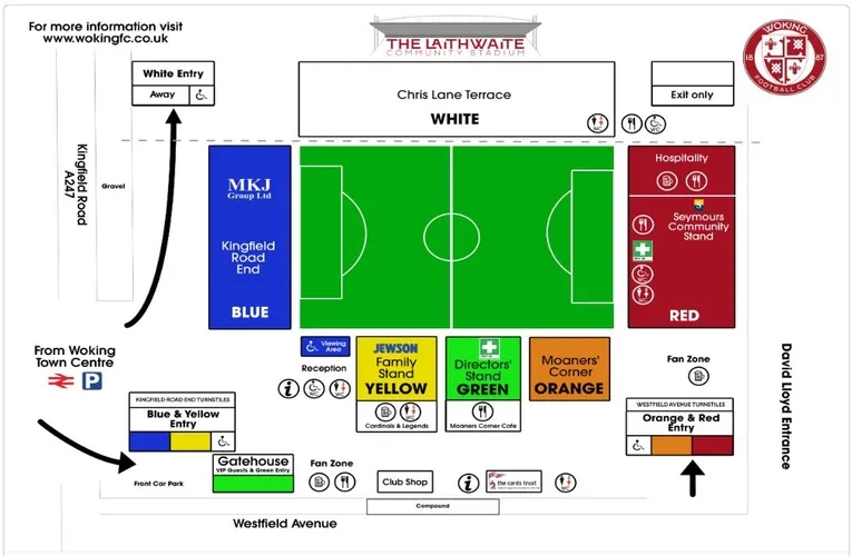 Sơ đồ chỗ ngồi chi tiết của Kingfield Stadium, hướng dẫn người hâm mộ tìm vị trí trên các khán đài đặc trưng.