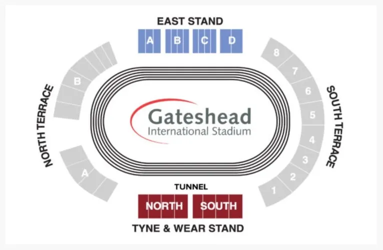 Sơ đồ chỗ ngồi chi tiết của sân vận động Gateshead International, hướng dẫn cho khán giả hâm mộ