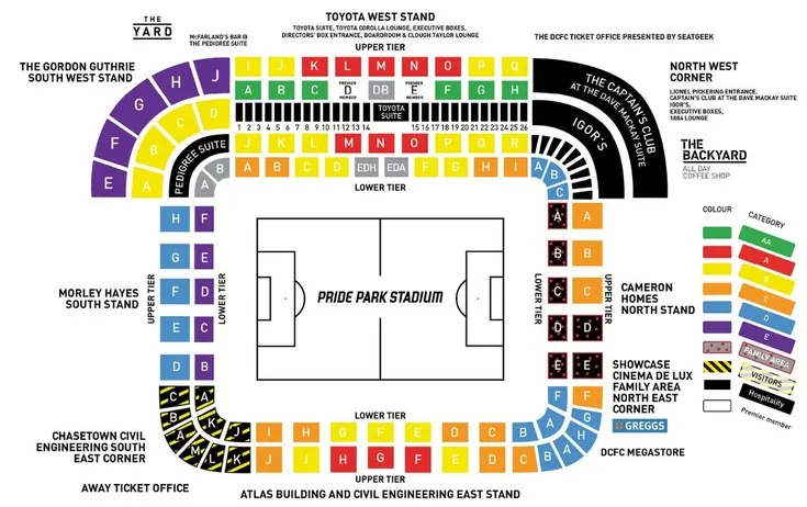 Sơ đồ chỗ ngồi chi tiết của sân vận động Pride Park, giúp khán giả dễ dàng tìm vị trí lý tưởng