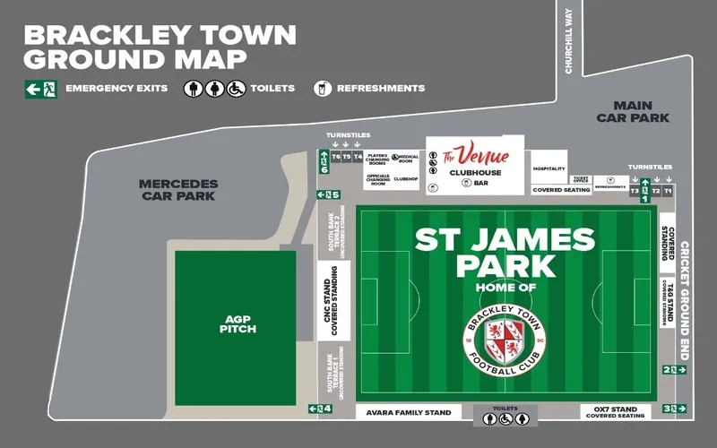 Sơ đồ chỗ ngồi chi tiết của sân vận động St James Park thuộc Brackley Town FC, chỉ rõ các khu vực khán đài chính và khu vực đứng.