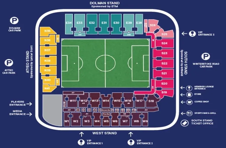 Sơ đồ chỗ ngồi chi tiết tại sân Plainmoor, giúp cổ động viên dễ dàng tìm thấy vị trí yêu thích để cổ vũ Torquay United.