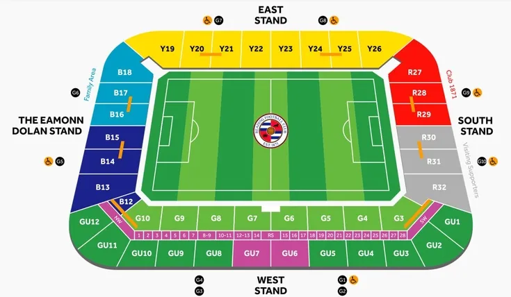 Sơ đồ chỗ ngồi sân Madejski, hướng dẫn chi tiết cho trải nghiệm cổ vũ trọn vẹn tại Reading FC
