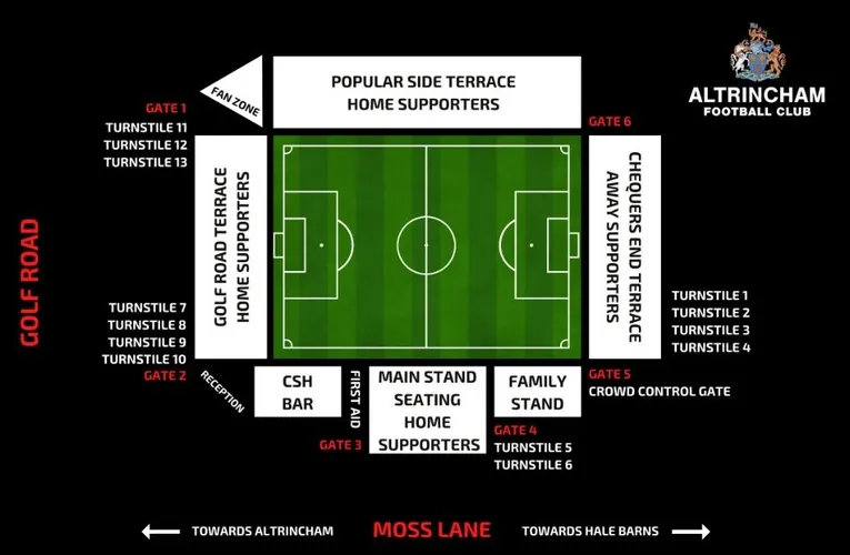 Sơ đồ sân J Davidson Stadium (Moss Lane) của Altrincham FC chi tiết các khán đài