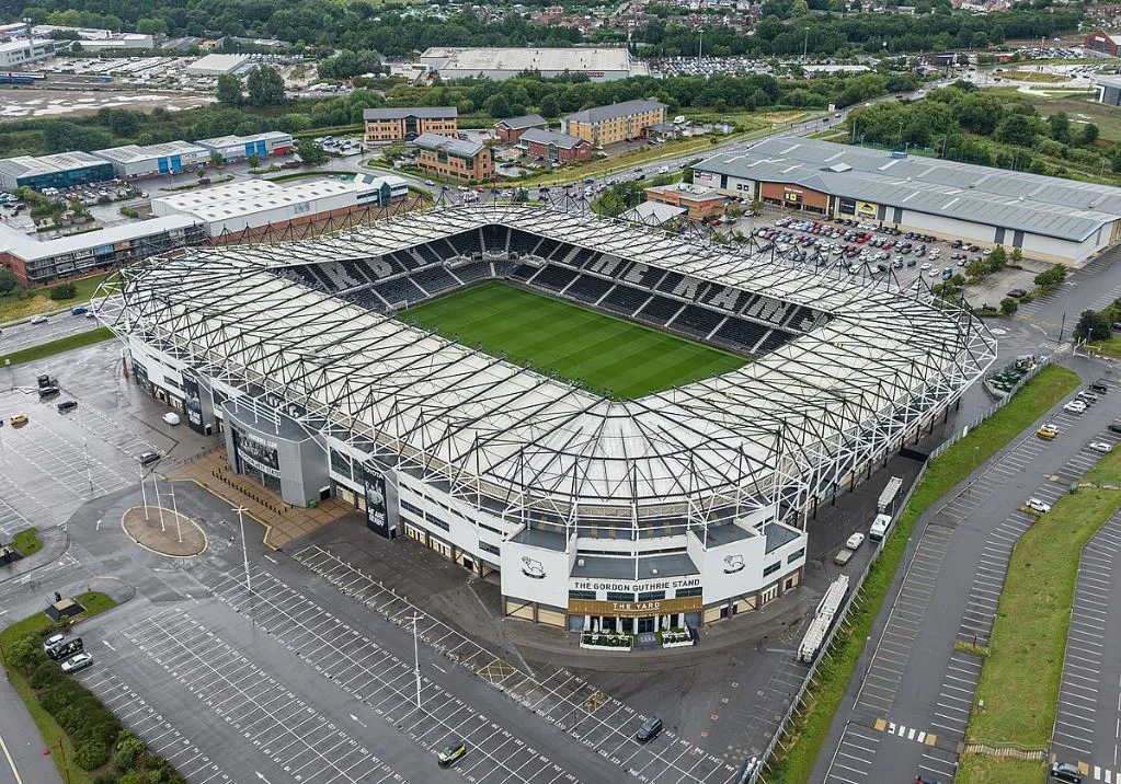 Toàn cảnh sân vận động Pride Park từ trên cao, biểu tượng hiện đại của Derby County FC